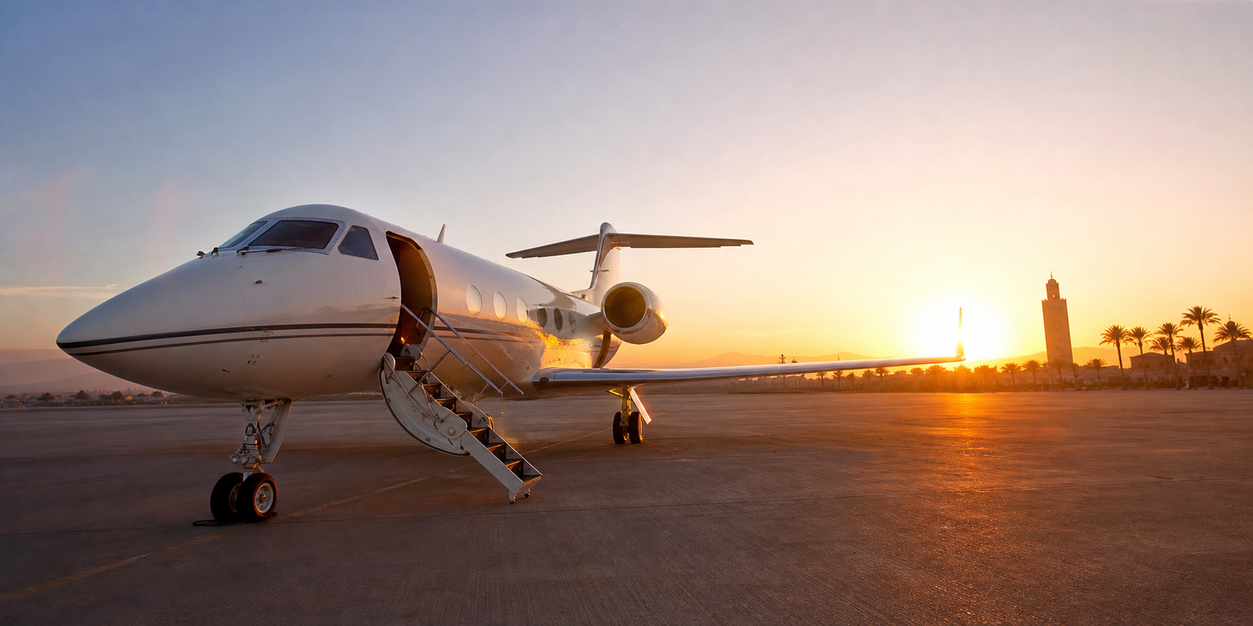 Jet privé sur un tarmac marocain au coucher du soleil
